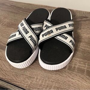 Puma Black and White Criss-Cross Slides